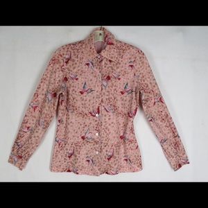 Retro 70s Disco Shirt, Pink Bird Print Jersey Knit